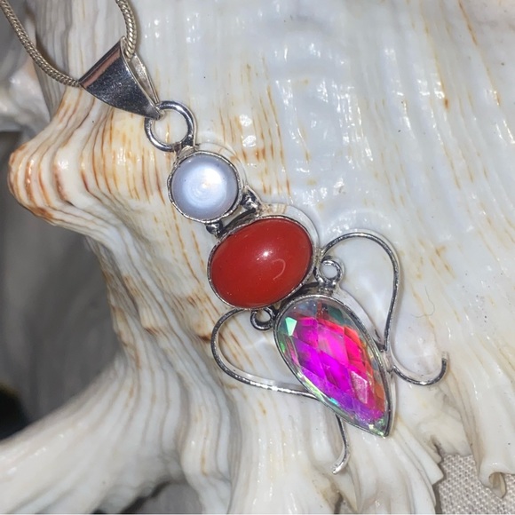 Red Coral + Biwa Pearl + Rainbow Mystic Topaz handcrafted pendant - Picture 3 of 9